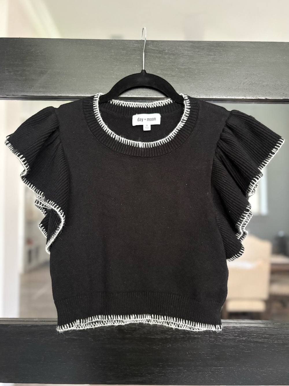 Day + Moon Black Flutter Sleeve Sweater Top Black White Contrast Anthropologie M